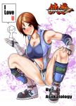  1girl adapted_costume artist_name asukatology bare_shoulders belt blue_bra blush boots bra breasts brown_eyes brown_hair center_opening cleavage elbow_pads fingerless_gloves gloves jumpsuit kazama_asuka large_breasts looking_at_viewer navel short_hair smile solo sports_bra spread_legs squatting taut_clothes tekken tekken_7 underwear unzipped 