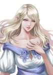  bare_shoulders blonde_hair collarbone elf final_fantasy final_fantasy_xiv hand_on_own_chest heterochromia highres long_hair looking_at_viewer parted_lips pengnangehao pointy_ears smile 