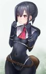  1girl belt black_bodysuit black_hair bodysuit bracelet breasts covered_navel gloves hair_between_eyes highres jewelry looking_away looking_to_the_side necktie original parted_lips pouch red_eyes red_necktie skin_tight small_breasts solo taishi_(picchiridou) wide_hips 