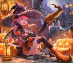  1girl blue_eyes candle dragon_tail elizabeth_bathory_(fate/grand_order) fangs fate/grand_order fate_(series) halloween highres horns jack-o&#039;-lantern lack lancer_(fate/extra_ccc) lantern long_hair panties pink_hair pink_panties pointy_ears pointy_shoes shoes smile solo striped striped_panties tail underwear 