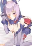  1girl all_fours animal_ears bangs bare_shoulders blurry blush bow breasts claw_pose cleavage depth_of_field eyelashes fate/grand_order fate_(series) fur_trim glint gloves hair_over_one_eye lace lace-trimmed_thighhighs lace_trim on_bed one_eye_covered palms purple_gloves purple_hair red_bow shielder_(fate/grand_order) shiny shiny_skin short_hair solo tail thigh-highs twitter_username violet_eyes white_background wolf_ears wolf_tail you06 