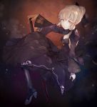  black_dress black_legwear blonde_hair breasts cleavage dark_excalibur dress fate/grand_order fate/stay_night fate_(series) high_heels holding holding_sword holding_weapon kikkaiki looking_at_viewer saber saber_alter smile sword weapon yellow_eyes 