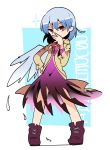  1girl angel_wings covering_mouth dress feathered_wings feathers full_body grey_wings hand_over_own_mouth highres jacket kishin_sagume looking_at_viewer moyazou_(kitaguni_moyashi_seizoujo) purple_dress purple_shoes red_eyes shoes silver_hair single_wing solo touhou translation_request wings 