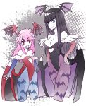  2girls bare_shoulders bat_print bat_wings black_hair blue_eyes blue_legwear breasts bridal_gauntlets cleavage cosplay flat_chest head_wings jakuzure_nonon kill_la_kill kiryuuin_satsuki kuma_yuu leotard lilith_aensland lilith_aensland_(cosplay) long_hair morrigan_aensland morrigan_aensland_(cosplay) multiple_girls pantyhose pink_hair print_legwear purple_legwear red_eyes under_boob underboob_cutout vampire_(game) wings 