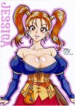  1girl breasts brown_eyes cleavage dragon_quest dragon_quest_heroes dragon_quest_heroes_ii dragon_quest_viii dress earrings gengoro_akemori jessica_albert jewelry large_breasts long_hair redhead solo twintails 
