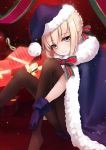  1girl absurdres bangs black_legwear blonde_hair blue_cape blue_gloves blue_hat braid cape eyebrows eyebrows_visible_through_hair fate/grand_order fate_(series) gift gloves green_ribbon hair_between_eyes hat highres knees_up legs legs_apart light_smile looking_at_viewer pantyhose red_background red_ribbon ribbon saber saber_alter santa_alter santa_costume santa_hat short_hair sitting skinny solo taira_(pixiv9613131) thighs yellow_eyes 