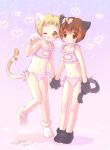  2boys :d animal_ears artist_name bell bikini blonde_hair blush brown_eyes brown_hair cat_ears cat_lingerie cat_tail clothes_grab dated fang frills gloves hashimo_kikuri heart holding_hands holding_tail midriff multiple_boys navel one_eye_closed open_mouth orange_eyes original otoko_no_ko panties paw_gloves paw_shoes ribbon shoes short_hair side-tie_bikini side-tie_panties smile standing standing_on_one_leg swimsuit tail tail_bell tail_ribbon underwear underwear_only untied untied_bikini untying 