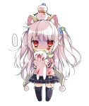  1girl :3 alternate_eye_color animal_ears bangs black_legwear blood blood_on_face bloody_clothes bow cat cat_ears cat_hair_ornament cat_print chibi frilled_skirt frills full_body hair_bow hair_ornament holding long_hair long_sleeves neko_atsume no_feet no_shoes personification pikomint pink_hair red_eyes scarf simple_background skirt smile snowman solo standing thigh-highs two_side_up very_long_hair white_background winter_clothes yukineko-san zettai_ryouiki 