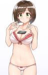  1girl ass_visible_through_thighs bangs bare_arms blush bow bow_panties bra breasts brown_hair cellphone cleavage cowboy_shot eyebrows eyebrows_visible_through_hair green_eyes highres idolmaster idolmaster_cinderella_girls large_breasts looking_at_viewer maekawa_miku navel object_on_breast panties phone red_bow red_ribbon ribbon short_hair shunichi simple_background smartphone solo tawawa_challenge underwear underwear_only white_background white_bra white_panties 