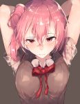  1girl arms_up bangs bare_arms blush bow bowtie breasts brown_background closed_mouth collared_shirt hair_between_eyes hair_bun highres hplay looking_at_viewer medium_breasts pink_hair red_bow red_bowtie red_eyes shiny shiny_skin shirt short_hair short_sleeves side_ponytail simple_background solo upper_body white_shirt yahari_ore_no_seishun_lovecome_wa_machigatteiru. yuigahama_yui 