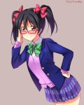  1girl 2015 adjusting_glasses black_hair blue_skirt bow brown_eyes dated eyebrows eyebrows_visible_through_hair glasses grey_background hair_between_eyes hair_bow hand_on_hip highres long_hair love_live! love_live!_school_idol_project pleated_skirt red_bow school_uniform simple_background skirt smile solo twintails yazawa_nico yu-ta 