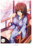  1girl :o absurdres armchair bare_legs blue_eyes border breasts brown_hair chair cherry_blossoms collarbone cup day drink eyebrows eyebrows_visible_through_hair female hair_between_eyes highres huge_filesize indoors japanese_clothes kimono liquid long_hair long_sleeves looking_at_viewer medium_breasts nozomi_tsubame railing shadow sitting solo spring_(season) sunlight table tareme tea teacup very_long_hair water water_drop wet wet_hair white_border wide_sleeves window 