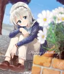  1girl blue_eyes blurry clannad dated depth_of_field flower glasses glasses_removed hairband happy_birthday head_tilt leg_hug long_hair looking_at_viewer naka_akira pants sakagami_tomoyo shoelaces shoes silver_hair sitting smile stairs 