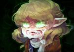  1girl biting blonde_hair constricted_pupils glowing glowing_eyes green_eyes half_updo lip_biting mizuhashi_parsee pointy_ears syoumikigengire tears touhou 