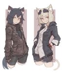  2girls animal_ears bike_shorts black_gloves black_hair black_shirt black_shorts blonde_hair blue_jacket blue_shorts brown_scarf camouflage camouflage_hoodie camouflage_shorts cat_ears cat_girl cat_tail deel_(rkeg) denim denim_shorts dress_shirt ear_piercing fingerless_gloves frown gloves hands_in_pockets hood hoodie jacket multiple_girls open_clothes open_jacket original piercing red_eyes scarf shirt short_hair shorts sleeve_cuffs smile sunglasses sunglasses_on_head tail undershirt white_shirt wristband yellow_eyes 