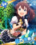  blue_eyes blush brown_hair character_name dress idolmaster idolmaster_million_live! long_hair microphone ponytail satake_minako singing 