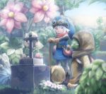  1boy belt bird blonde_hair blue_eyes board_game dragon_quest dragon_quest_builders flower food fruit gloves goggles hammer hat hero_(dqb) highres hk_tagosaku hood_up hooded leaning_on_object monster plant pouch scarf smile standing tombstone tunic weapon 