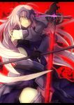  &gt;:( 1girl ahoge armor armored_dress armpit_peek bare_shoulders black_gloves chain cowboy_shot dual_wielding elbow_gloves fate/grand_order fate_(series) flag from_below gauntlets gloves headpiece holding holding_sword holding_weapon jeanne_alter letterboxed long_hair looking_at_viewer looking_down parted_lips reverse_grip ruler_(fate/apocrypha) solo sword very_long_hair weapon white_hair yellow_eyes yude 
