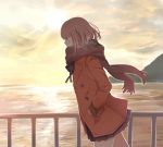  1girl bangs black_bow black_bowtie blunt_bangs blush bow bowtie breath brown_eyes brown_hair buttons coat commentary_request cowboy_shot day from_side hand_in_pocket long_sleeves ocean original outdoors pleated_skirt railing scarf skirt sky solo twilight walking yuki_(sangeki5806) 