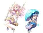  1girl atelier_(series) atelier_meruru blue_boots blue_eyes blush boots bow brown_eyes brown_hair cape detached_sleeves dress flat_chest flower hair_ornament kishida_mel kneeling long_hair long_sleeves looking_at_viewer merurulince_rede_arls open_mouth pink_hair pleated_skirt puffy_sleeves short_dress simple_background skirt swing thigh-highs thigh_boots totooria_helmold umbrella white_background yellow_skirt 