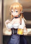  1girl alcohol anchor_hair_ornament beer beer_mug blonde_hair blue_eyes blush breasts cleavage dirndl dress german_clothes hair_ornament highres kantai_collection long_hair looking_at_viewer low_twintails max30788 oktoberfest prinz_eugen_(kantai_collection) smile solo twintails 