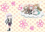  blonde_hair blue_eyes boots clouds dangan_ronpa dangan_ronpa_3 enoshima_junko fishing_rod flipped_hair formal gloves green_eyes grin hair_ornament hair_ribbon high_ponytail holster hood hoodie kirigiri_kyouko long_hair maid multiple_girls nanami_chiaki nyangorobei orange_hair ponytail purple_hair ribbon scissors short_hair skirt_suit sleeves_rolled_up smile suit thigh_holster twintails violet_eyes yukizome_chisa 