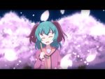  1girl :d ^_^ animal_ears blurry broom cato_(monocatienus) cherry_blossoms closed_eyes depth_of_field facing_viewer green_hair kasodani_kyouko letterboxed long_sleeves open_mouth petals smile solo touhou tree 