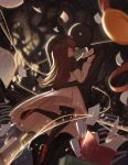  1girl bare_tree black_legwear blurry blush book bow bowtie brown_hair closed_eyes closed_mouth deemo deemo_(character) depth_of_field dress flying_paper girl_(deemo) hand_around_wrist hand_on_another&#039;s_chest highres hug kevin_(tiancaimland) long_hair long_sleeves mary_janes medal open_book pantyhose paper petting profile red_shoes scroll shoes smile solid_oval_eyes standing tree white_bow white_bowtie white_dress 