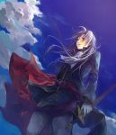 1boy brown_eyes character_request fire_emblem fire_emblem:_seisen_no_keifu from_below gloves grey_gloves hair_between_eyes holding holding_sword holding_weapon kaito_(sawayakasawaday) long_hair outdoors silver_hair sky solo sword weapon 