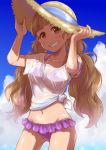  1girl bangs bikini blunt_bangs brown_eyes brown_hair clouds cloudy_sky cowboy_shot frilled_bikini frills front-tie_top grin hat holding holding_hat idolmaster idolmaster_cinderella_girls kamiya_nao long_hair looking_at_viewer navel purple_bikini satomura_kyou shirt sky smile solo standing sun_hat swimsuit t-shirt twintails white_shirt 