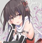  1girl black_hair blush commentary elbow_gloves gloves hair_ornament kantai_collection light_brown_eyes looking_at_viewer necktie remodel_(kantai_collection) scarf sendai_(kantai_collection) solo takanashi_haruto twitter_username upper_body 
