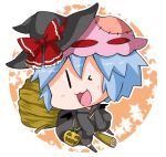  &gt;_o 1girl :3 alternate_costume black_eyes black_legwear black_wings blue_hair blush bow broom broom_riding chibi commentary_request full_body hair_between_eyes halloween hat hat_bow jack-o&#039;-lantern looking_at_viewer mob_cap noai_nioshi one_eye_closed open_mouth red_bow remilia_scarlet short_hair simple_background smile solo star stitches touhou white_background wings witch witch_hat |_| 