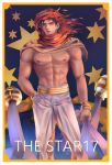  1boy abs absurdres arm_behind_back black_hair blue_eyes earrings head_scarf highres jewelry jojo_no_kimyou_na_bouken kuujou_joutarou kyoka_(hyk10) male_focus muscle navel shirtless solo stud_earrings tarot white_border wrist_cuffs 