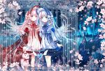  2016 2girls aque_shen_lei arms_at_sides artist_name blue_background blue_dress blue_eyes bonnet building dress flower gazebo holding_stuffed_animal jewelry long_hair looking_at_viewer multiple_girls open_mouth original outdoors pendant pink_hair rabbit red_dress red_eyes standing watermark white_hair 