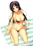  1girl bare_legs bare_shoulders beach_towel bikini black_hair blush breasts cleavage grey_eyes highres iruma_kamiri large_breasts long_hair looking_at_viewer looking_up original simple_background sitting smile solo striped_towel swimsuit towel 