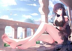  1girl balcony bare_shoulders barefoot black_dress black_hair blurry breasts cleavage clouds cloudy_sky depth_of_field dress feet hair_ornament highres long_hair original pov_feet red_eyes sky smile soles solo toenail_polish toes xiao_ren 