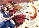  2girls biscuit black_hair blush bow brown_eyes brown_hair checkerboard_cookie cookie cup dress dutch_angle food green_eyes hair_bow hat long_hair multiple_girls open_mouth original sakura_hiyori saucer short_hair smile spill star tea teacup 