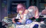  1girl all_fours black_legwear book breasts cleavage ctrlz77 dangan_ronpa food_in_mouth game_boy game_console handheld_game_console highres naked_shirt nanami_chiaki nes open_book panties pillow playstation_4 playstation_portable purple_hair shirt solo super_dangan_ronpa_2 teeth television thigh-highs umaibou underwear violet_eyes white_panties 