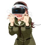  1girl between_breasts blood breast_grab breasts brown_hair commentary_request grabbing green_shirt kantai_collection kozou_(rifa) large_breasts long_hair long_sleeves necktie necktie_between_breasts nosebleed ooi_(kantai_collection) open_mouth saliva shirt skirt solo steam teeth vr_visor 