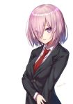 1girl ato_(haru_ato) eyebrows eyebrows_visible_through_hair eyes_visible_through_hair fate/grand_order fate_(series) formal hair_over_one_eye looking_at_viewer necktie pink_hair red_necktie shielder_(fate/grand_order) short_hair simple_background smile solo suit twitter_username violet_eyes white_background 
