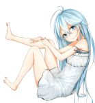  1girl barefoot blue_eyes blue_hair denpa_onna_to_seishun_otoko dress eyebrows eyebrows_visible_through_hair full_body hair_between_eyes la-na long_hair looking_at_viewer off_shoulder simple_background smile solo sundress touwa_erio white_background white_dress 