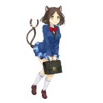  1girl :3 animal_ears blazer braid briefcase brown_hair carrying cat_ears cat_tail full_body highres jacket loafers long_sleeves multiple_tails nekomata_(youkai_hyakki-tan!) official_art pleated_skirt shoes short_hair simple_background skirt solo tail v-arms white_background yellow_eyes youkai_hyakki-tan! 