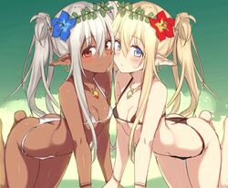  2girls all_fours arm_support ass bare_shoulders bikini black_bikini blonde_hair blue_eyes blush bracelet breasts butt_crack cheek-to-cheek commentary_request dark_elf dark_skin earrings elf flower hair_flower hair_ornament highres hirasato jewelry long_hair looking_at_viewer micro_bikini midriff multiple_girls navel original pendant pointy_ears red_eyes silver_hair sketch small_breasts smile sweat sweatdrop swimsuit twintails white_bikini 