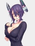  1girl :o blush breast_hold breasts cardigan cleavage collarbone colored_eyelashes eyebrows eyebrows_visible_through_hair eyepatch fang grey_background hair_between_eyes headgear kantai_collection large_breasts long_sleeves looking_at_viewer looking_away looking_to_the_side no_bra one_eye_covered purple_hair short_hair sleeves_past_wrists solo tenryuu_(kantai_collection) underwear yellow_eyes yuuji_(and) 
