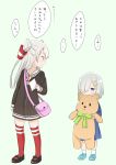  2girls alternate_costume amatsukaze_(kantai_collection) bag black_shoes blue_eyes blush brown_dress buttons child dress hair_ornament hair_over_one_eye hair_tubes hairclip hamakaze_(kantai_collection) hamuzora holding_paper kantai_collection lifebuoy long_hair looking_back multiple_girls open_mouth red_legwear shoes short_dress silver_hair simple_background socks striped striped_legwear stuffed_animal stuffed_toy teddy_bear thigh-highs translation_request two_side_up white_legwear windsock younger 