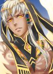  1boy artist_name dark_skin hair_ornament jewelry kamigami_no_asobi long_hair necklace portrait solo sparkle tattoo teeth thoth_caduceus tiara veil white_hair wings yellow_eyes 