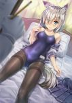  1boy 1girl admiral_(kantai_collection) animal_ears bed blue_eyes blurry blush competition_school_swimsuit covered_nipples depth_of_field dog_ears dog_tail eyes_visible_through_hair hair_ornament hair_over_one_eye hairclip hamakaze_(kantai_collection) kantai_collection kotatsu_(kotatsu358) lying pantyhose pantyhose_under_swimsuit pillow school_swimsuit school_uniform serafuku short_hair silver_hair skirt skirt_removed swimsuit swimsuit_under_clothes tail 