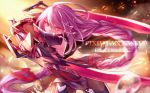  1girl copyright_name dual_wielding hair_ornament holding holding_sword holding_weapon long_hair looking_at_viewer pixiv_fantasia pixiv_fantasia_fallen_kings pointy_ears purple_hair red_eyes solo steelleets sword weapon 