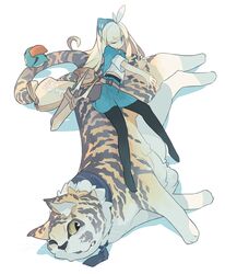  1girl akitsu_taira animal bag bare_shoulders belt_pouch bird black_legwear blonde_hair blue_eyes blue_skirt capelet cat clothed_animal eyebrows eyebrows_visible_through_hair headdress izumi_luna_(akitsu_taira) long_hair looking_at_viewer lying on_side one_eye_closed original outstretched_arm pantyhose shade short_sleeves simple_background skirt white_background 