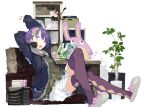  1girl ;o arm_behind_head arms_up blue_eyes blush breasts fish fishbowl hat_rack headphones jacket karei_(hirameme) looking_at_viewer one_eye_closed original plant potted_plant purple_hair purple_legwear short_hair shorts sitting solo stretch stuffed_animal stuffed_toy 